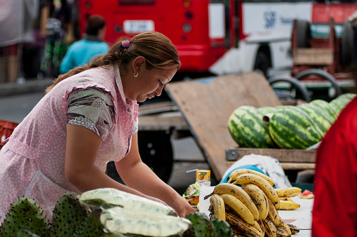 Bogota Colombia 11 de Octubre del 2015
Adult woman selling fruits watermelons and bananas in a street market