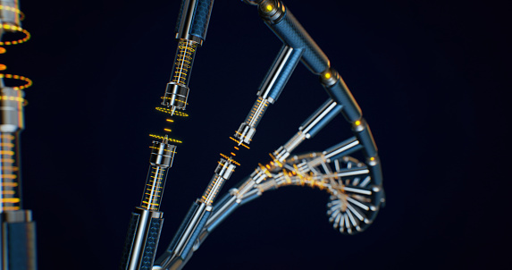 Molecular biology concept. Connections in DNA chain for futuristic scientific design. DNA on a black background with a copy space