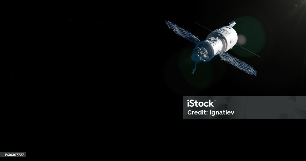 Satellite levitating in an outer space for a space design Hovering satellite on a black background with a copy space for a space topics and designs.3D rendered satelite on a black background. Satellite levitating in an outer space Black Background Stock Photo