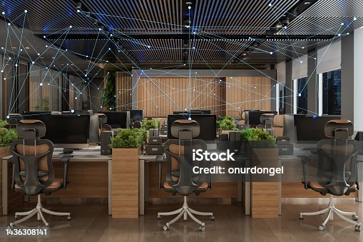 istock Smart Office Concept. Modern Open Plan Office Interior With Tables, Office Chairs, Computers and Plexus. Control With Mobile App And Technology Devices. 1436308141