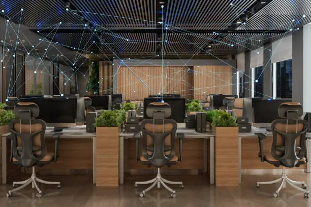 Photo of Smart Office Concept. Modern Open Plan Office Interior With Tables, Office Chairs, Computers and Plexus. Control With Mobile App And Technology Devices.