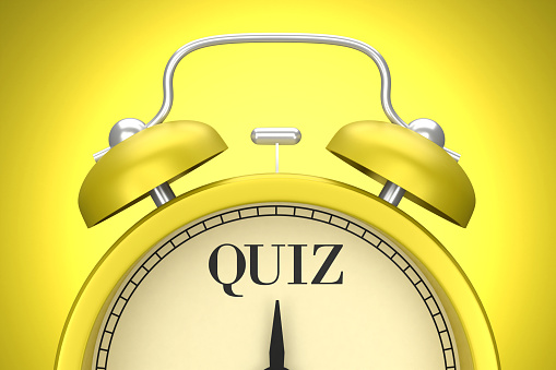 The yellow clock on the yellow background writes Quiz. Planning concept.