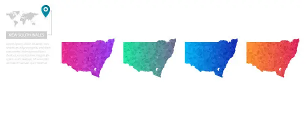 Vector illustration of Set of vector polygonal New South Wales maps. Bright gradient map of country in low poly style. Multicolored country map in geometric style for your infographics, polygonal design for your ,Vector eps 10.