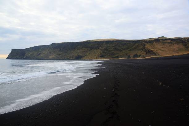 istock Black sand on the seashore with a hill background in Vik, Iceland 1436309994