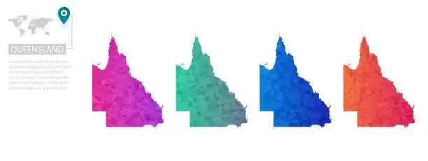 Vector illustration of Set of vector polygonal Queensland maps. Bright gradient map of country in low poly style. Multicolored country map in geometric style for your infographics, polygonal design for your ,Vector eps 10.