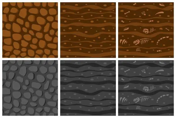 Vector illustration of Ground texture. Dirt and stones. Cartoon earth. Game floor. Brown land. Gray soil layers with fossil skeleton bones. Street paving. Landscaping elements set. Vector seamless pattern