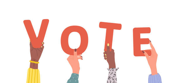istock Group of different female hands holding red word Vote. Diverse multi-ethnic people are together. Vector hand drawn illustration in cartoon style. Partnership and solution cooperation 1436317013