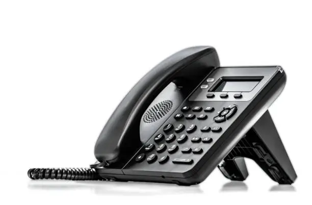 Telephone with VOIP isolated on white background. customer service support, call center concept. Modern Phone VoIP. Communication support, call center and customer service help desk