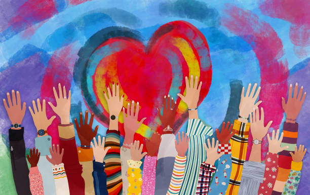 ilustraciones, imágenes clip art, dibujos animados e iconos de stock de grupo de personas diversas con brazos y manos levantados hacia un corazón pintado a mano. donación de caridad y trabajo voluntario. apoyo y asistencia. comunidad multicultural y multiétnica. diversidad de personas - ayuda