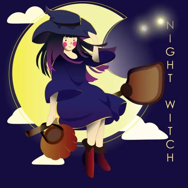 Vector illustration of Vector cute illustration of a witch preparing a potion