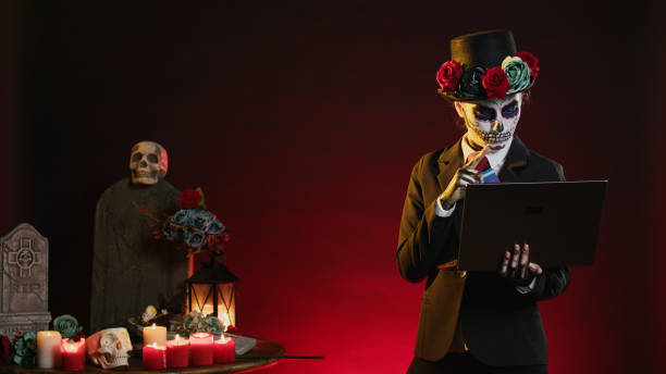 istock Santa muerte model doing online shopping 1436322641