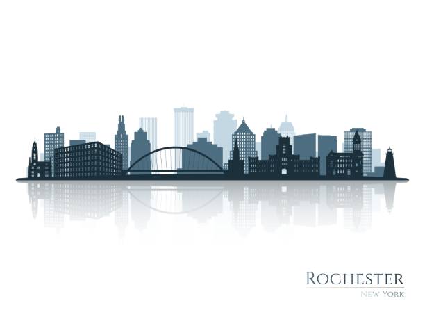 ilustraciones, imágenes clip art, dibujos animados e iconos de stock de silueta del horizonte de rochester con reflejo. - rochester estado de nueva york