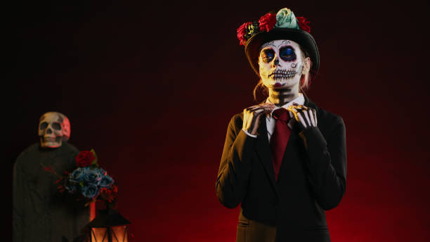 istock Goddess of dead with suit and hat looking creepy 1436324606