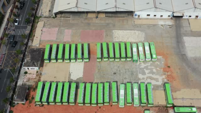 Aerial photography of double-decker bus parking lot