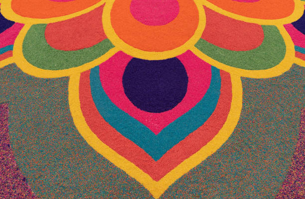 Close-up view of the beautiful colorful Indian traditional rangoli decoration for Diwali or Deepavali celebration stock photo