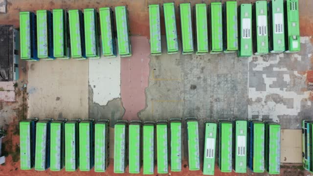 Aerial photography of double-decker bus parking lot