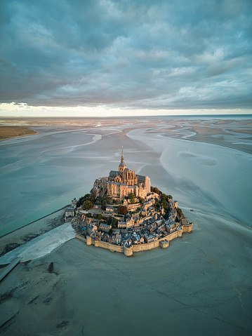 Top view at sunrise of the bay of Mont Saint Michel, Normandy, France.