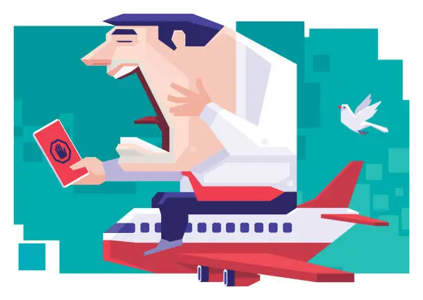 Vector illustration of businessman sitting on airplane and screaming while looking at stop symbol on smartphone