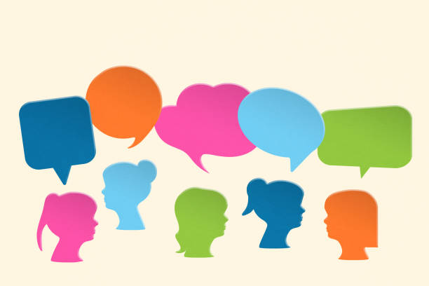 istock multi color of lady icon and cloud speech bubble paper on grunge background for different opinions, discussion, consultants, meeting, brainstorming, woman right campaign concept 1436330725