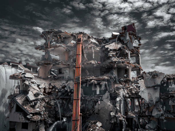 istock Building House Demolition site Excavator with hydraulic crasher machine. 1436331206