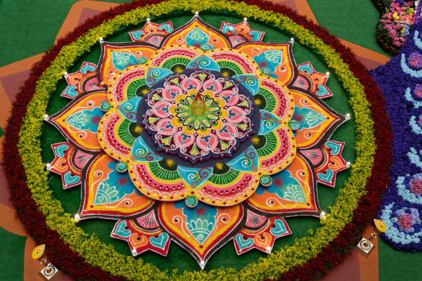 Beautiful colorful Indian traditional rangoli decoration for Diwali or Deepavali celebration stock photo