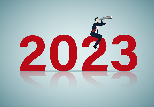 Year 2023 outlook, economic forecast or future vision, business opportunity or challenge ahead, year review or analysis concept, confidence businessman with telescope ride on year 2023.