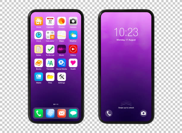 istock Mobile phone mockups with sample home and locked screens on transparent background pattern. 1436332991