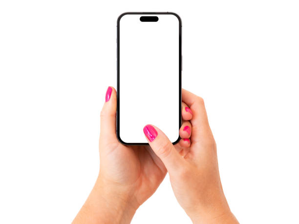 Person mit Mobiltelefon in beiden Händen, isoliert auf weißem Hintergrund – Foto