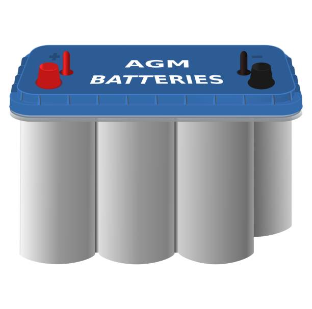 ilustrações de stock, clip art, desenhos animados e ícones de car agm cylindrical batteries with blue cover and red positive, black negative terminal, vector illustration - plate plastic blue white background