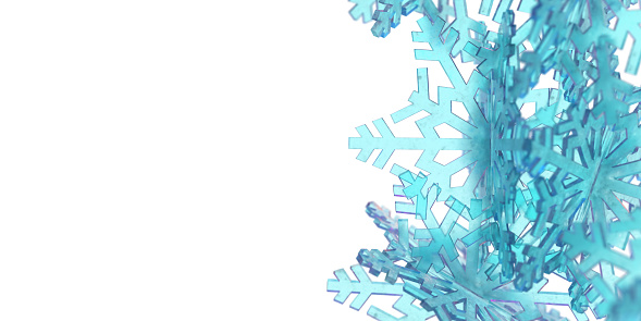 Merry Christmas and New Year 2022 - 2023 Concept: 3D rendered turquoise blue transparent snow flake designs on blank white illustration background, copy space. Greeting card, invitation, sales, advertisment poster template.
