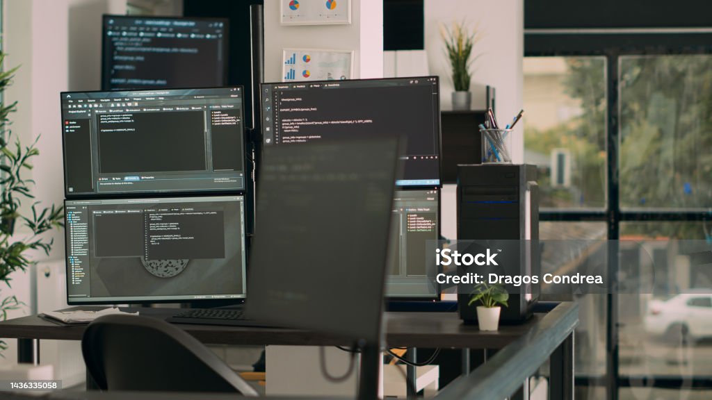engineers programming server code algorithm on... Computer Screens On Desk Running Programming Code Data Algorithms Stock ...