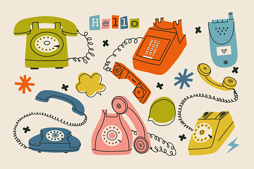 Trendy set of various vintage telephones. Hand drawn colorful wire and cell phones. Flat vector illustration with retro gadgets. Isolated dial telephone, wireless telephone, phone systems, handset, desk phone.