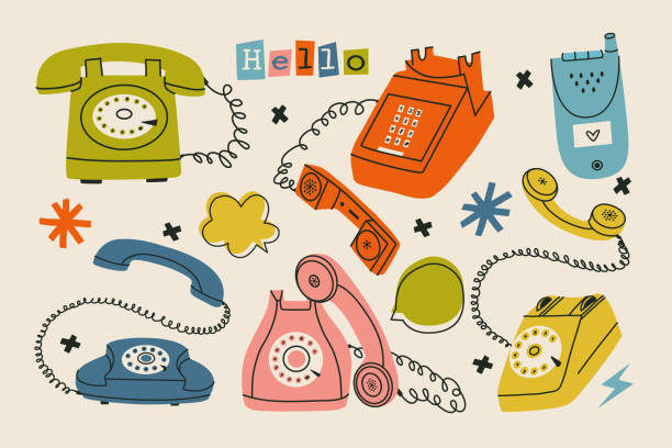 different telephones set Trendy set of various vintage telephones. Hand drawn colorful wire and cell phones. Flat vector illustration with retro gadgets. Isolated dial telephone, wireless telephone, phone systems, handset, desk phone. landline phone stock illustrations