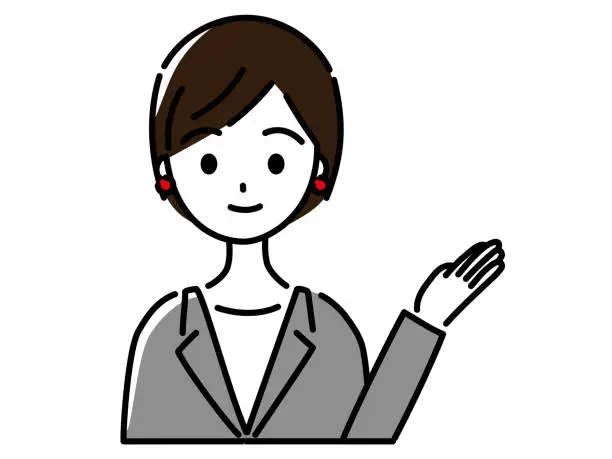 Vector illustration of A short-cut woman (upper body) in a suit that I will introduce here with her left hand