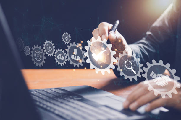 istock Business process management and automation with person validating document in workflow. Digital transformation, BPM and RPA to increase efficiency and productivity at work. 1436336707