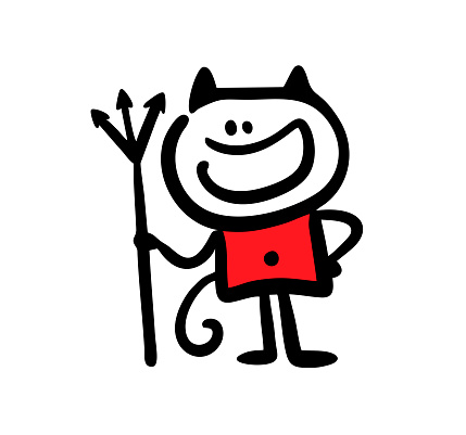 A devil with a tail in red clothes stands with a trident and smiles maliciously. Vector illustration of stickman character hand drawn in childish style.