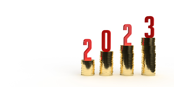 New Year busines, finance challenge concept: Number 2023 standing on golden cash coins. Rising and falling money stack levels in 3D illustration on white background, copy space. Financial creativity, new investment, earning job.