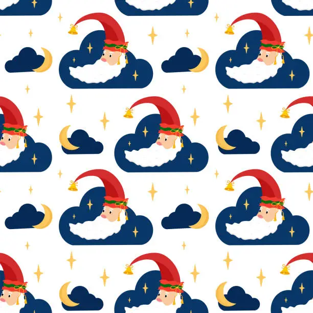 Vector illustration of Moon in the costume of Santa Claus in the clouds. Christmas theme. Seamless pattern. Can be used for web page background fill, surface texture