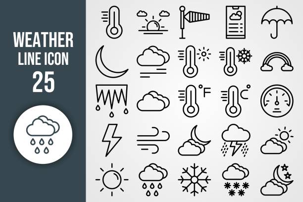 ilustrações, clipart, desenhos animados e ícones de conjunto de ícones da linha vetorial de 25 - barometer heat thermometer sun