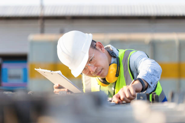 istock Mechanical worker checking of the battery storage system, Engineer man in waistcoats and hardhats with documents inspecting construction site 1436342359