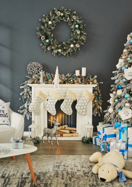 istock Christmas living room. Blue and white decor christmas tree background. New Year celebration. Merry Christmas and Happy New Year. 1436344657