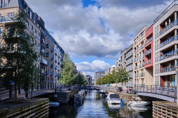 Copenhagen, Denmark - Sept 2022:  A new Modern housing district Sluseholmen with beautiful eco-friendly buildings