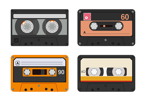 Set of retro audio cassettes. Vector cassettes, isolated on white background. Collection of four plastic audio tapes. Various colorful music tapes. Cassette tape vector color illustration.