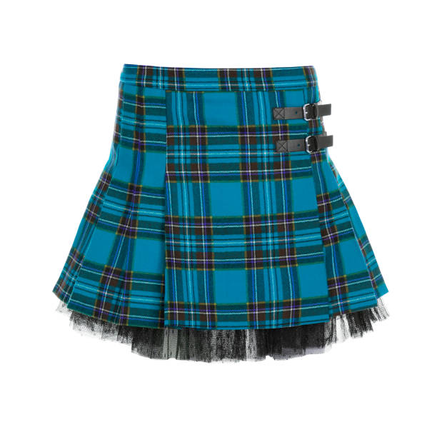 istock Short women's blue plaid skirt with lace 1436346710