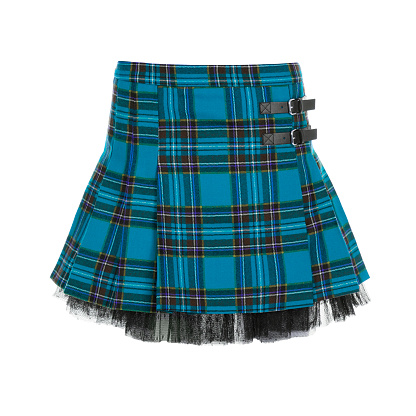 Short women's blue plaid skirt with lace isolated on a white background. Ghost photography technique.