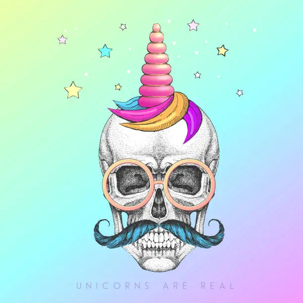 Vector illustration of Handrawing human skull wearing cute glasses with unicorn horn. T-shirt graphic print. Vector illustration