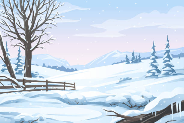 Snowy Countryside A winter landscape with snowy trees, a fence, hills and mountains. Vector illustration with space for text. icicle cartoon stock illustrations