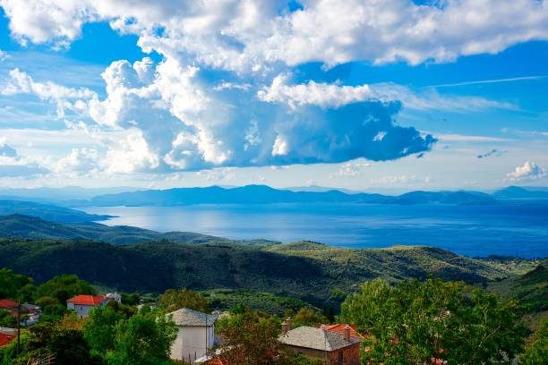 beautiful traditional greek landscape, Milies, Volos, Greece. traditional architecture in a village of Mount Pelion, Milies village, Greece. pilio greece stock pictures, royalty-free photos & images