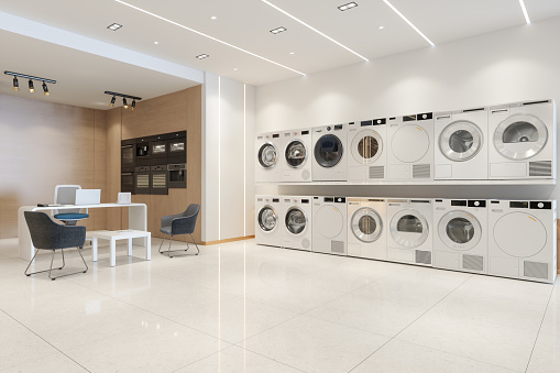 Home Appliance Store Interior With Washing Machines, Electric Ovens, Microwaves And Other Household Appliances