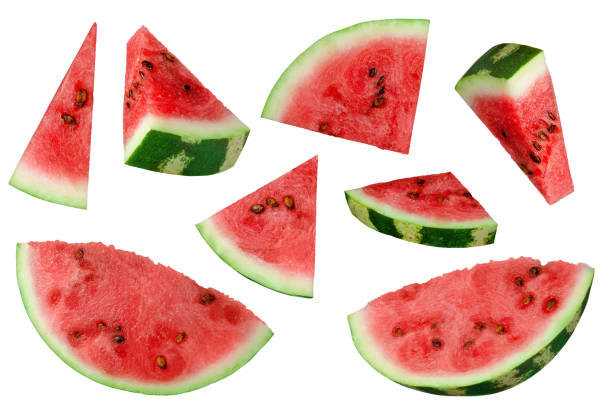 istock Slices of watermelon pulp set isolated on white background 1436350202